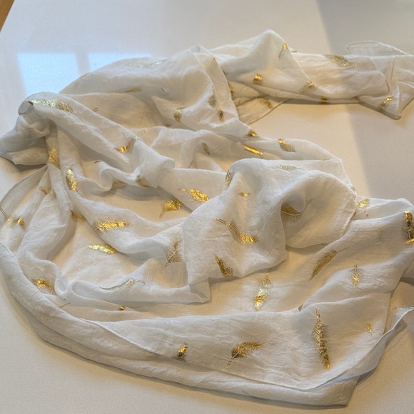 Lightweight White Scarf Wrap with Gold Foil Feather Accents, 28”x 70” - Picture 5 of 5
